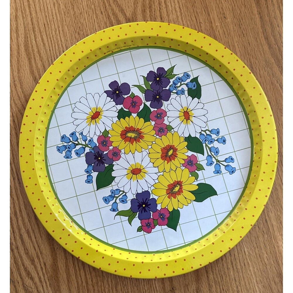Vintage Floral Metal Tin Serving Tray Round 13" Flowers Hong Kong MCM Prop